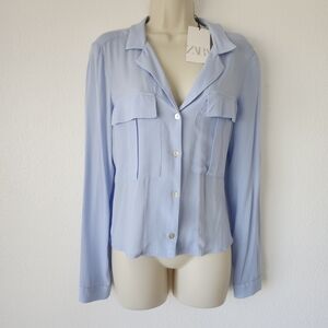 MOTHER OF PEARL Button Silky Blue Blouse NWT